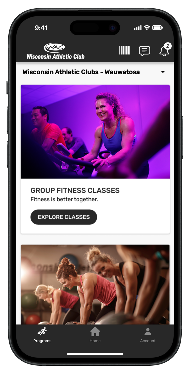 WAC+ App with image of Group Fitness