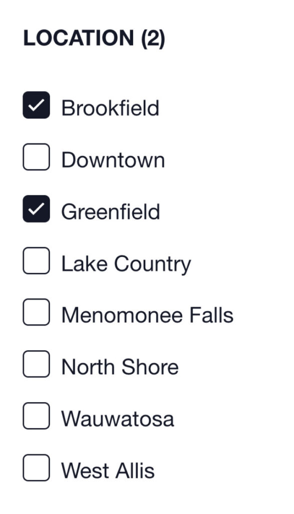 Brookfield and Greenfield locations filter