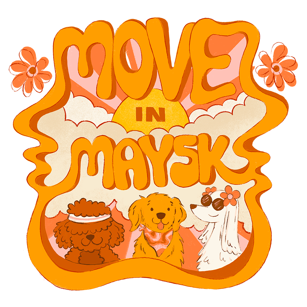 Move in May 5K 2026 Artwork featuring groovy text and 1970s-themed dogs