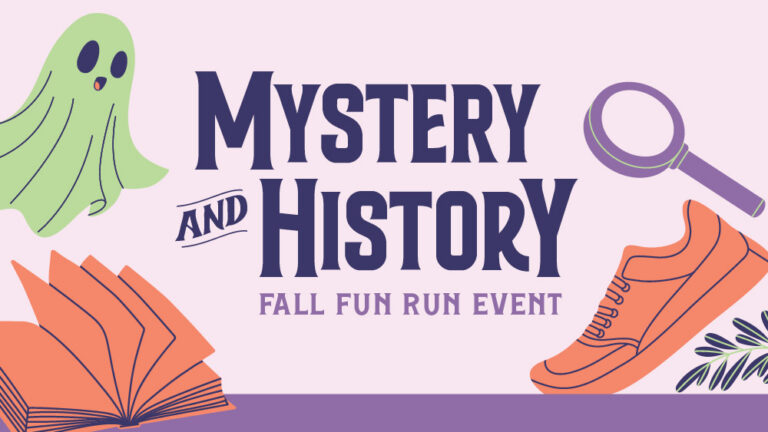 Mystery and History Fall Fun Run image with a ghost, book, running shoe, and magnifying glass