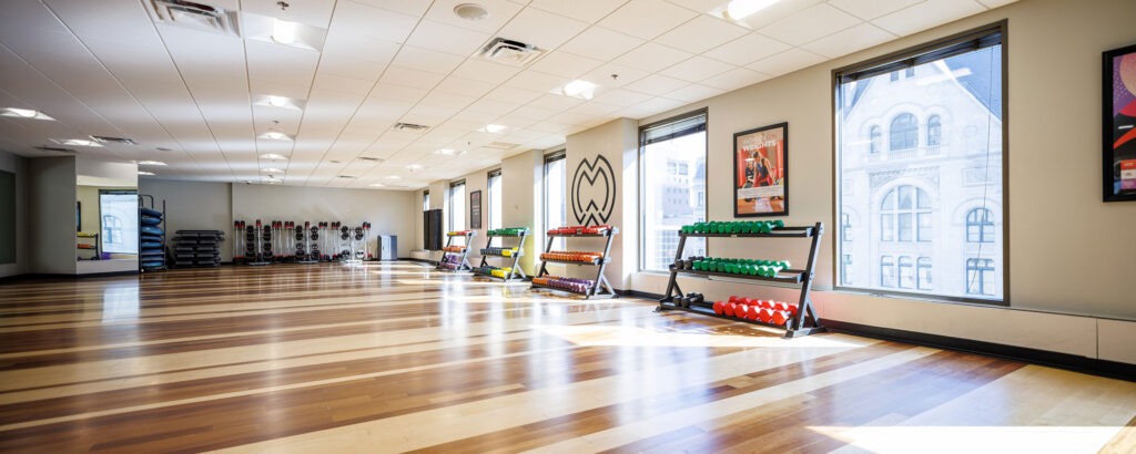 Group fitness studio at the WAC Downtown Milwaukee