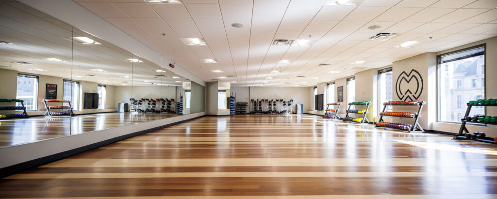 Group fitness studio at the WAC Downtown Milwaukee