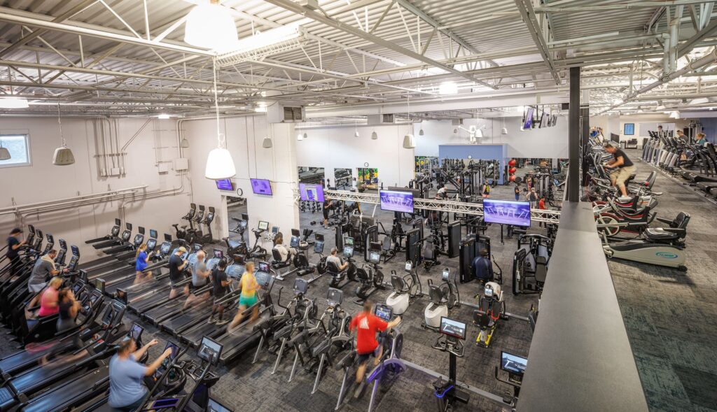 The two-level fitness floor at the WAC Brookfield with cardio and weight equipment