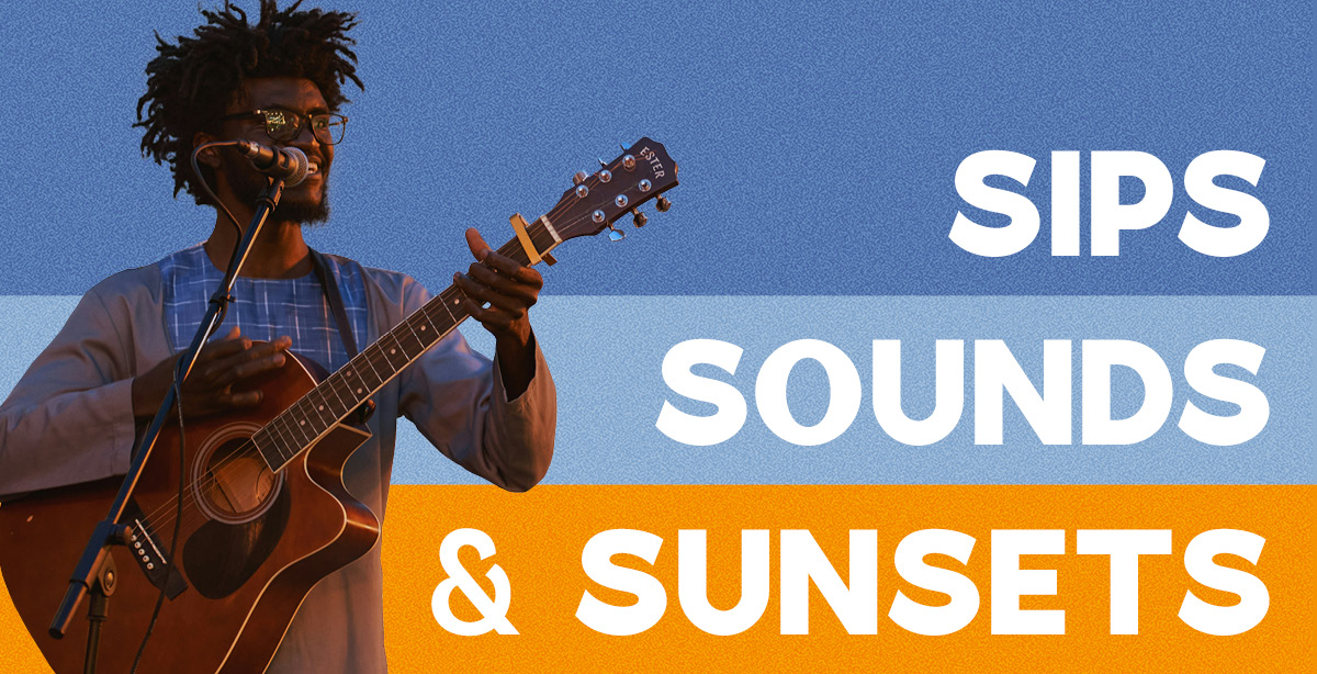 Sips, sounds, and sunsets banner with man performing live music
