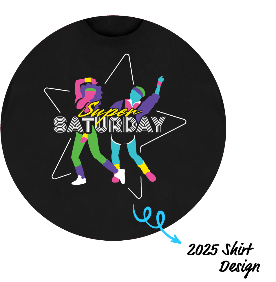 Black t-shirt with neon 80's aerobics design for Super Saturday