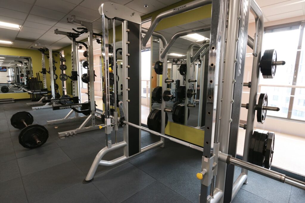 Weight lifting racks in a health club